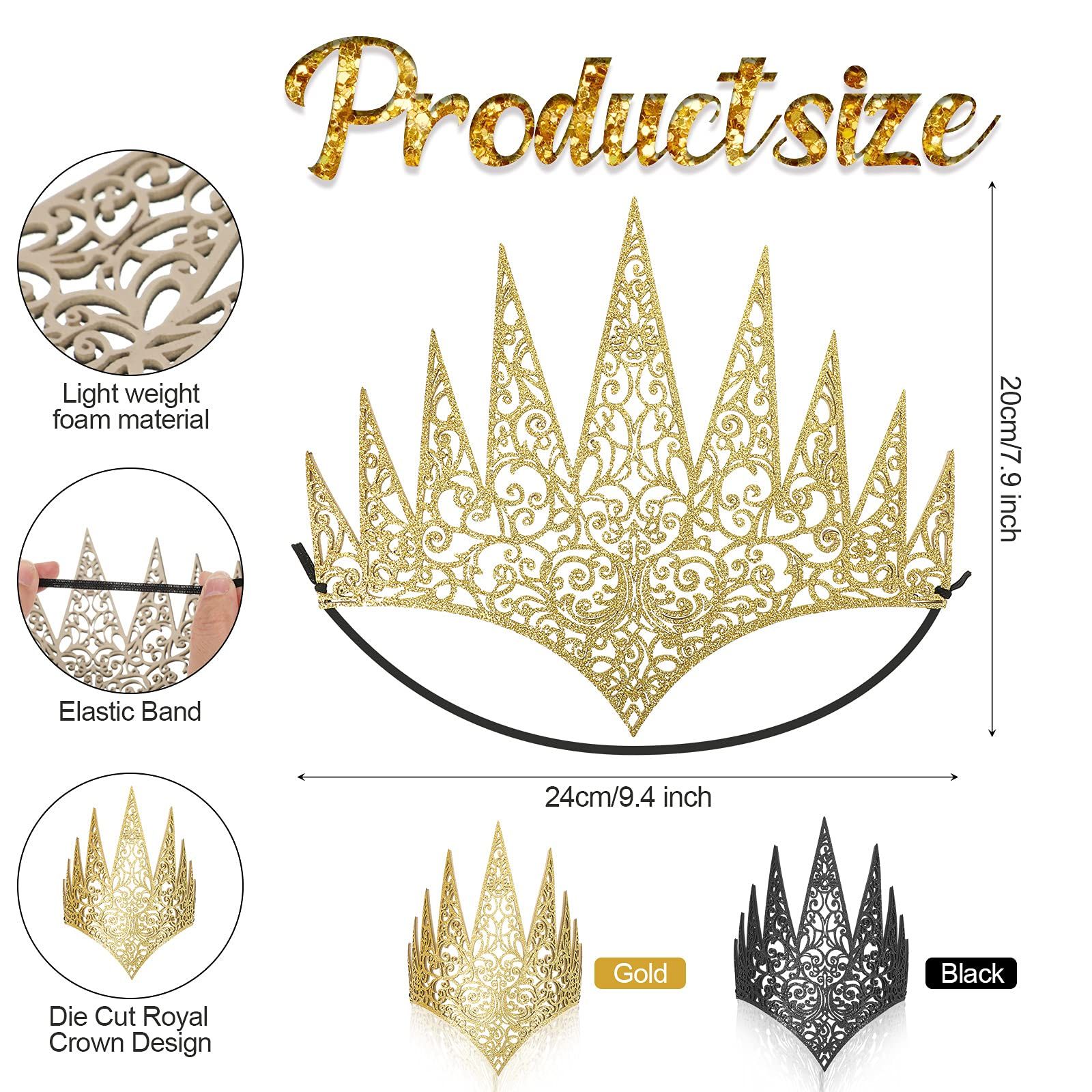2 Pieces Royal Die Cut Queen Crown Halloween Glitter Evil Queen Crown Costume Witch Crown Cosplay Hair Accessories, Black, Gold — image 2