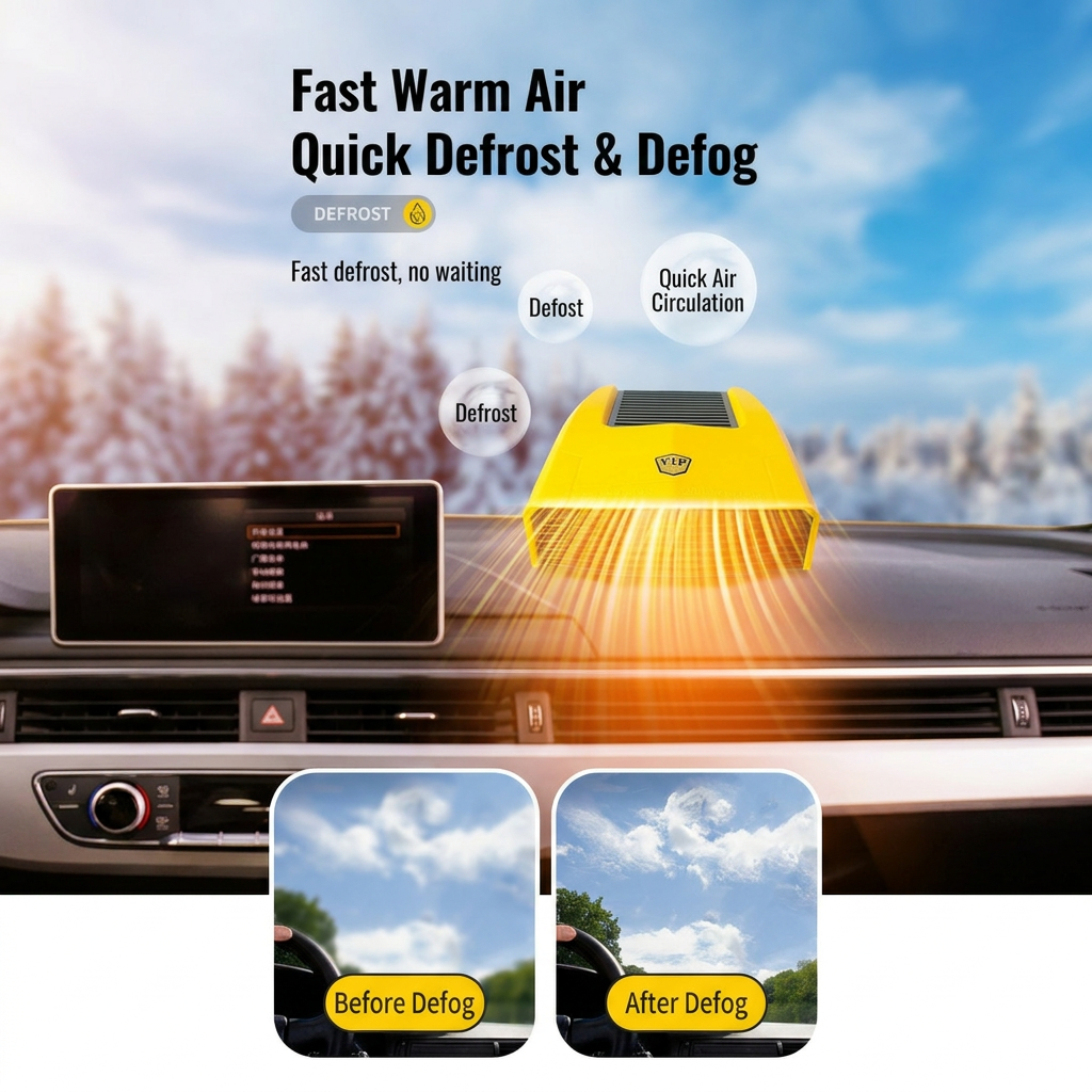 Yellow Compact 360° Adjustable Car Heater Fan with 20PCS Removable Nano Double Sided Adhesive Pads - Fast Defrost & Demister, Dual Mode Heat & Cooling Fan — image 3