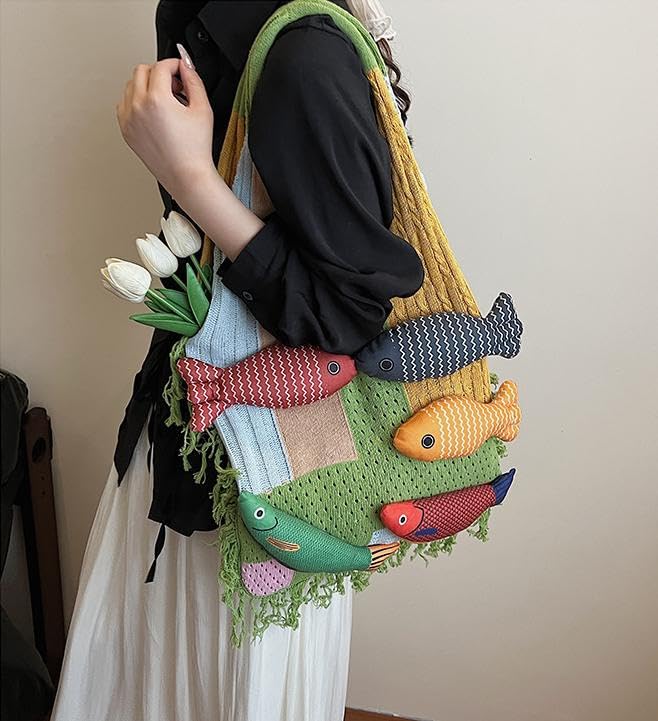 Boho Knit Tote Bag with 3D Fish Applique – Patchwork Shoulder Bag for Women, Beach, Travel & Daily Use – Soft Fringe Design (Green) — image 4