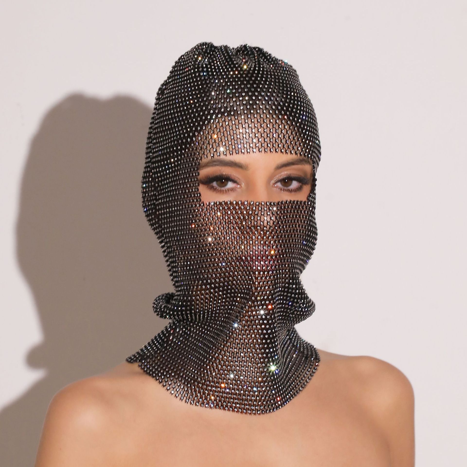 Black colored diamonds Glitter Rhinestone Face Balaclava - Trendy Music Festival Head Cover, 37cm โ image 2