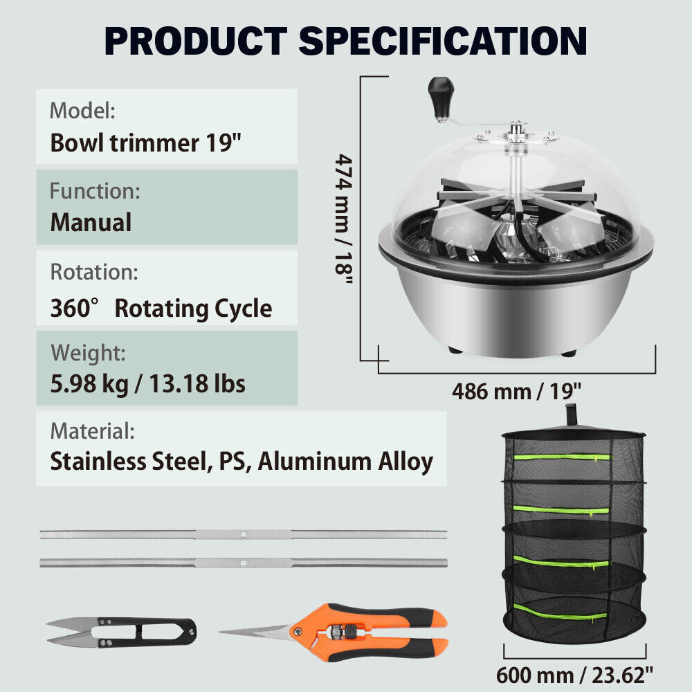 19 inch Bud Leaf Bowl Trimmer Tumble Stainless Steel Blades Twisted Spin Cut — image 3