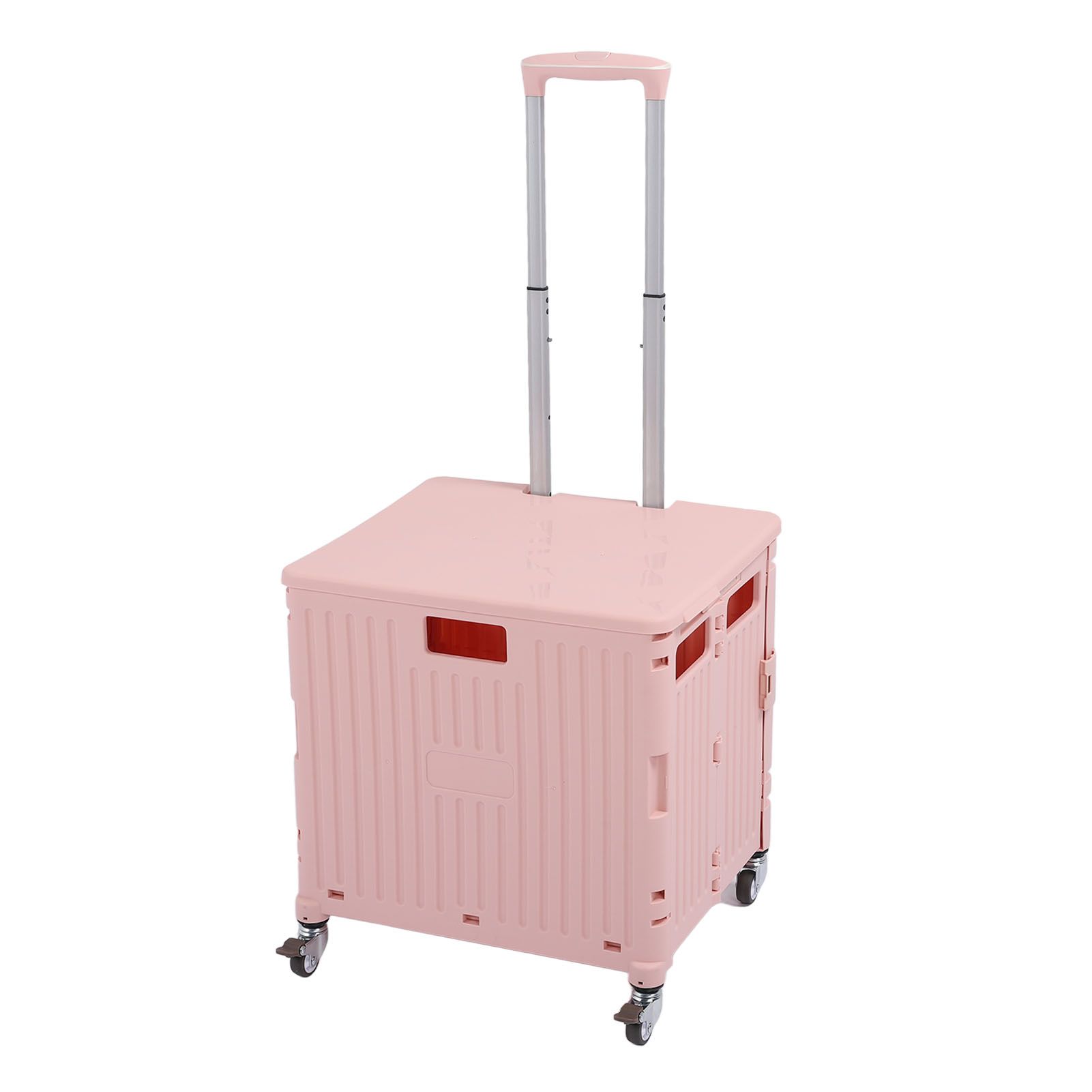 Collapsible Utility Cart Rolling Crate Swivel Casters PP Strong with Telescopic Handle Lid Storage Cart for Shopping Pink