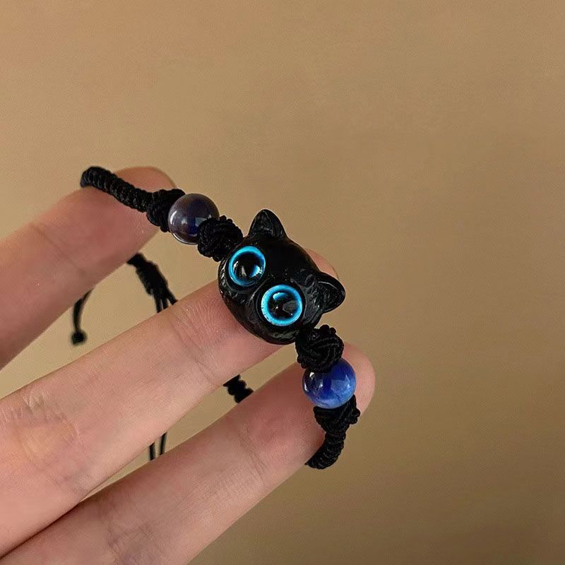 Cute Cat Beaded Bracelets Crystal Cat Wristband Jewelry Braided Rope Bracelet Stylish Jewelry Women Girl Teen