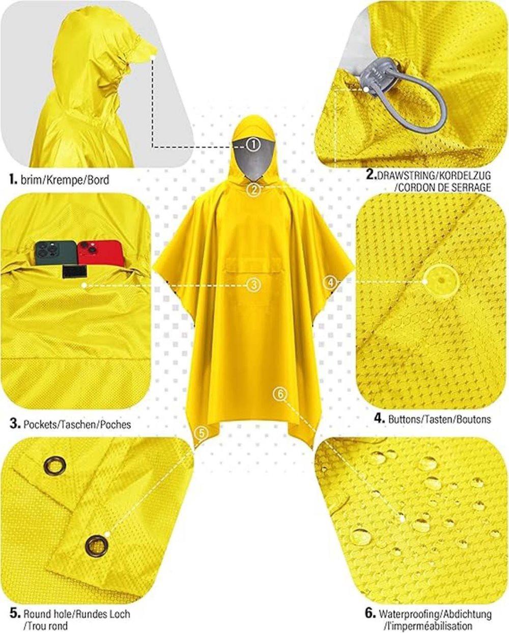 3-in-1 Waterproof Rain Jacket Poncho with Hood, Breathable Outdoor Raincoat, Yellow โ image 4