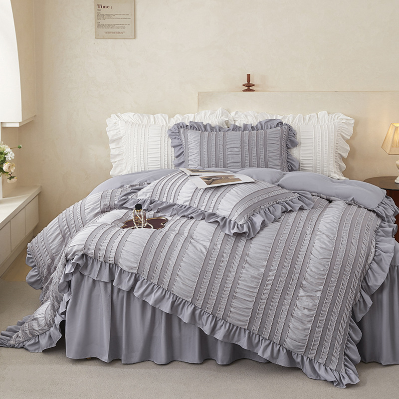 White Elegant Ruffle Seersucker Duvet Cover with 2PCS Pillow Shams - 3-Piece Vertical Stripe Clipped Floral Textured Bedding (Full Size 200 x 229 CM) — image 3
