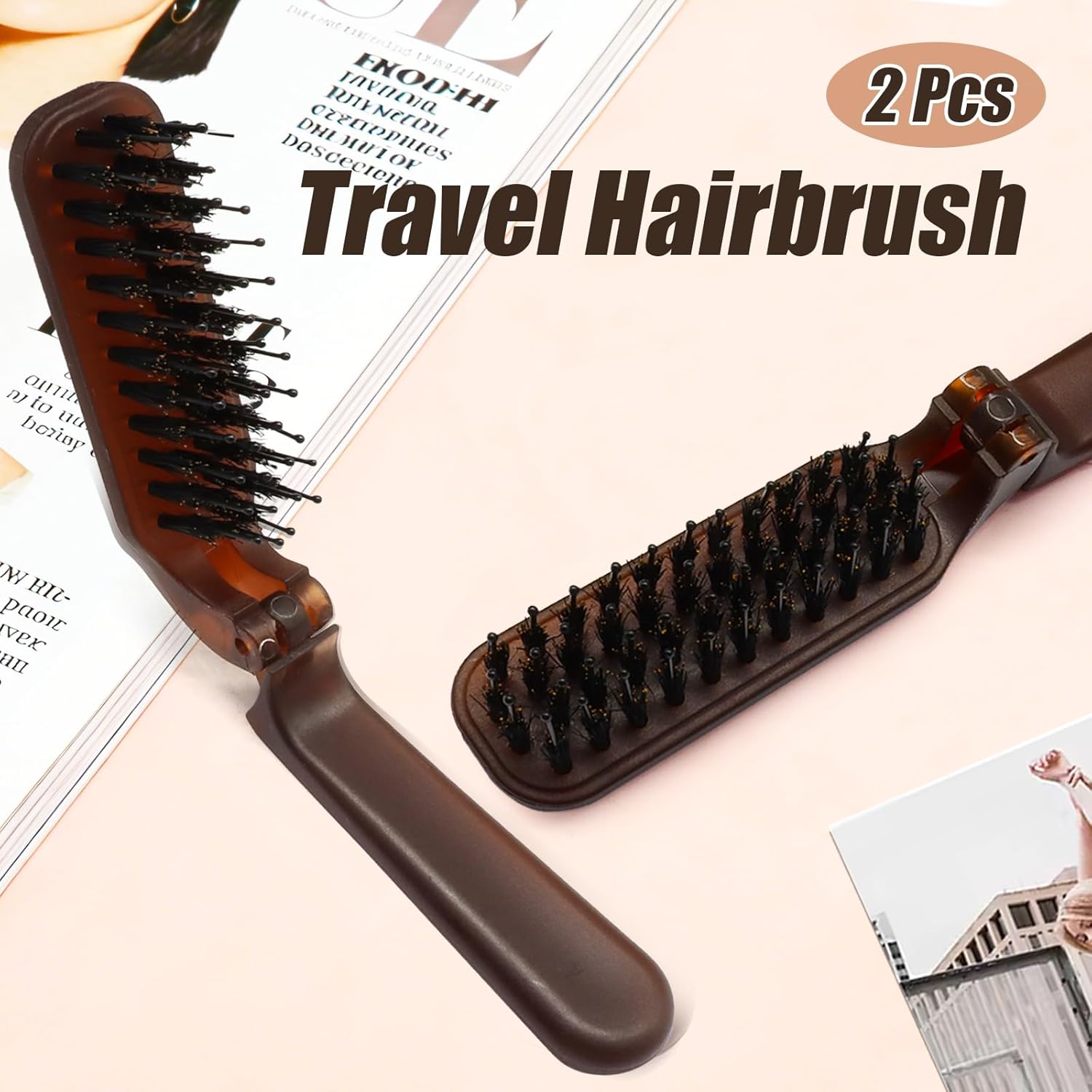 Biaungdo 2 Pack Foldable Hair Brush, Boar Bristle Hair Brush for Women & Men, Mini Travel Hairbrush Portable Collapsible Pocket Comb for Any Hair Types (Amber) — image 2