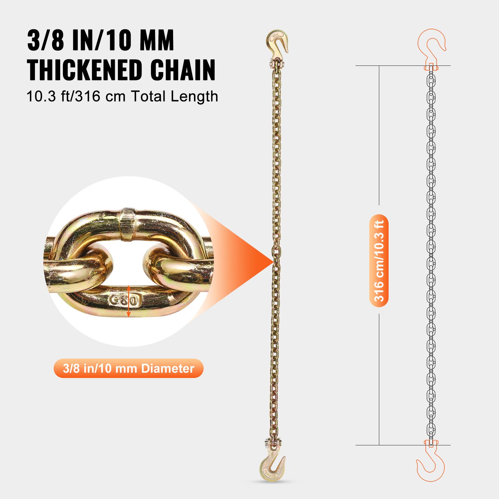 G80 Transport Binder Chain, 10 mm x 316 cm Tow Chain with Clevis Grab Hooks, 3.22T Safe Working Load, Heavy Duty Trailer Logging Chain for Transporting Towing โ image 4