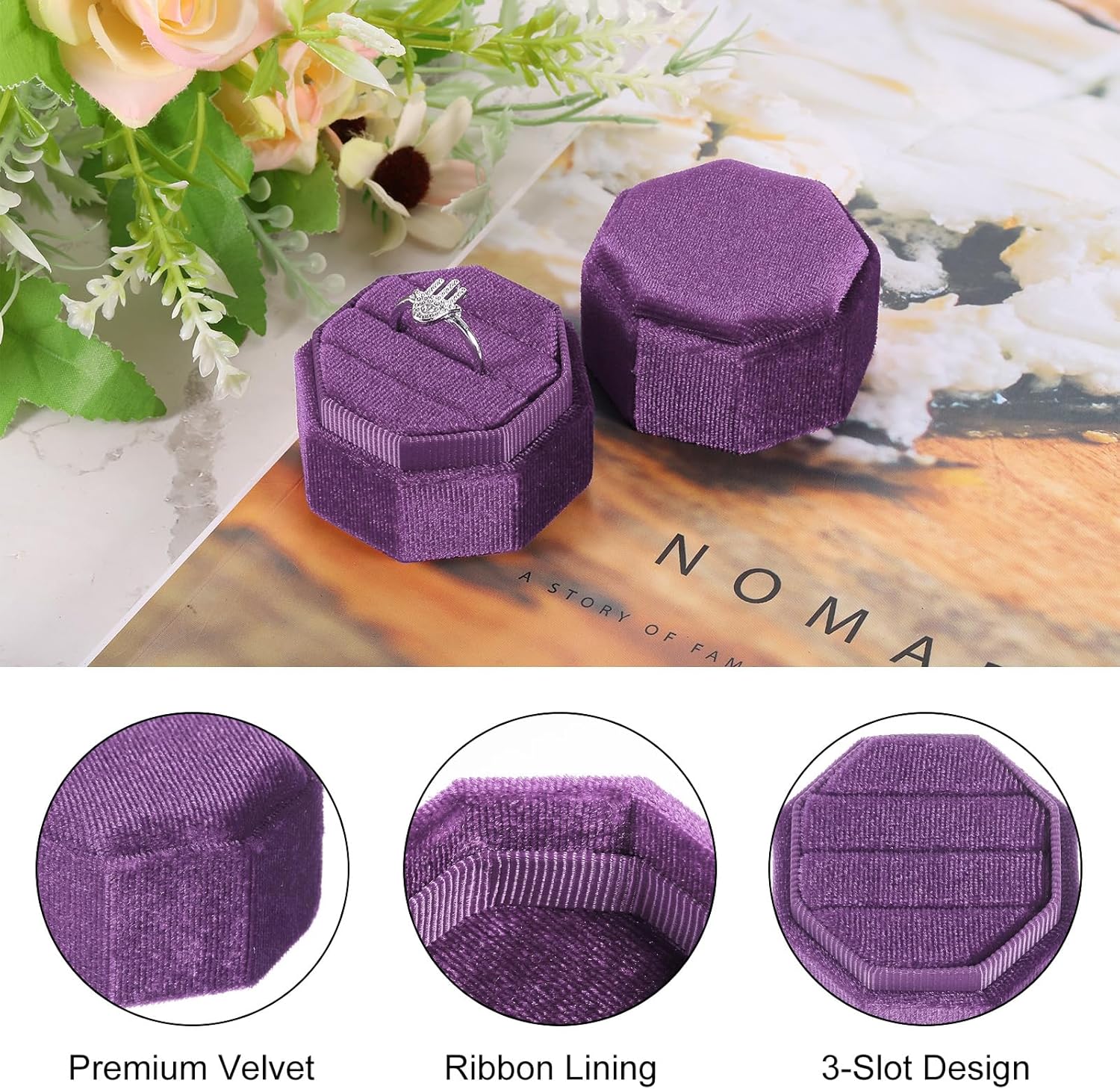 Velvet Ring Box, 3 Slot Octagon Wedding Ring Display Holder Box Jewelry Ring Gift Box for Wedding Ceremony Proposal Engagement (Deep Purple) — image 3