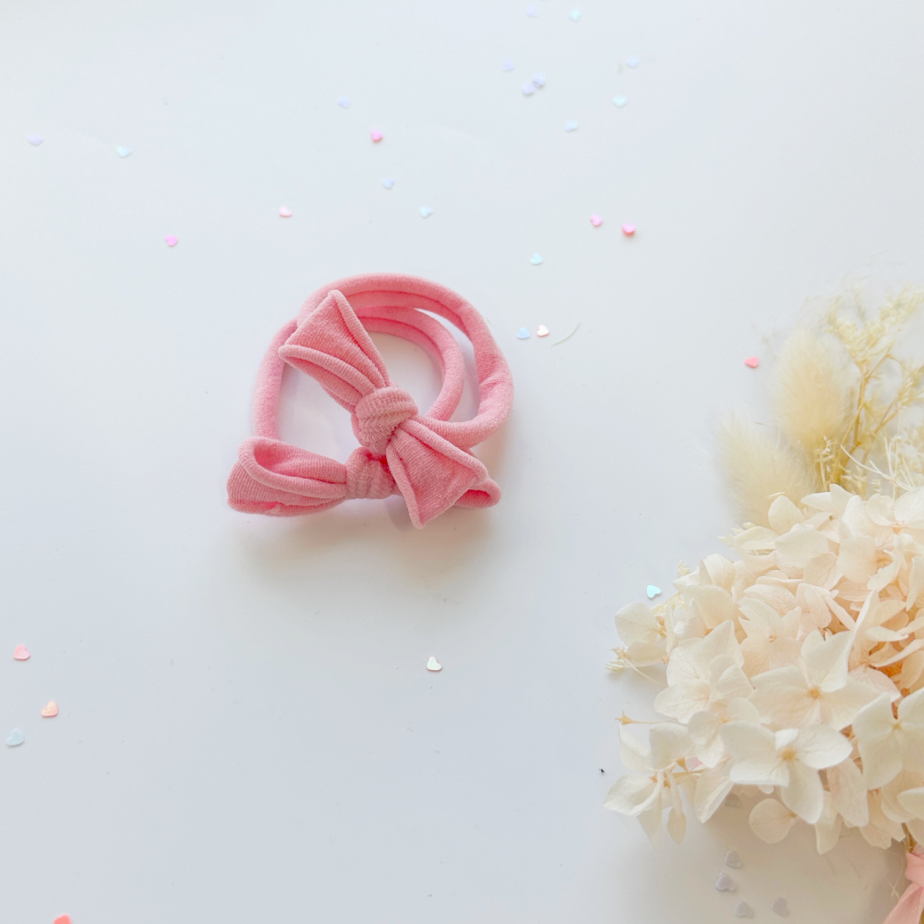 Handmade Simple Bow metal free hair ties -Pink - 1 Pairs - Rose Pink โ image 2