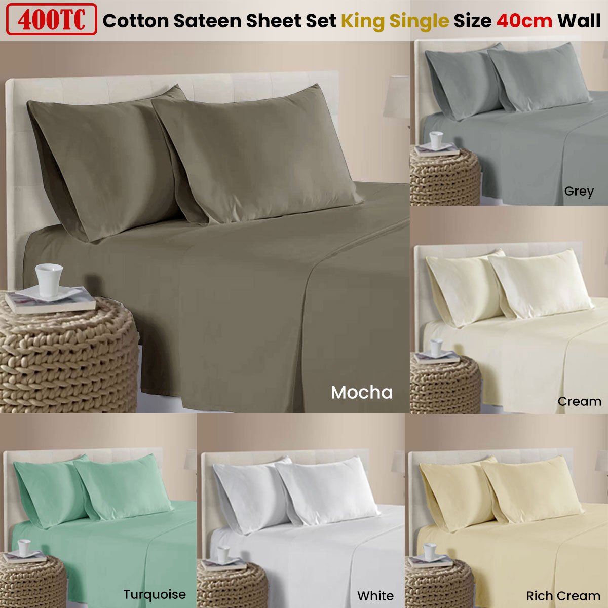 400TC 100% Cotton Sateen Premium Sheet Set 40cm Wall Mocha King Single — image 2