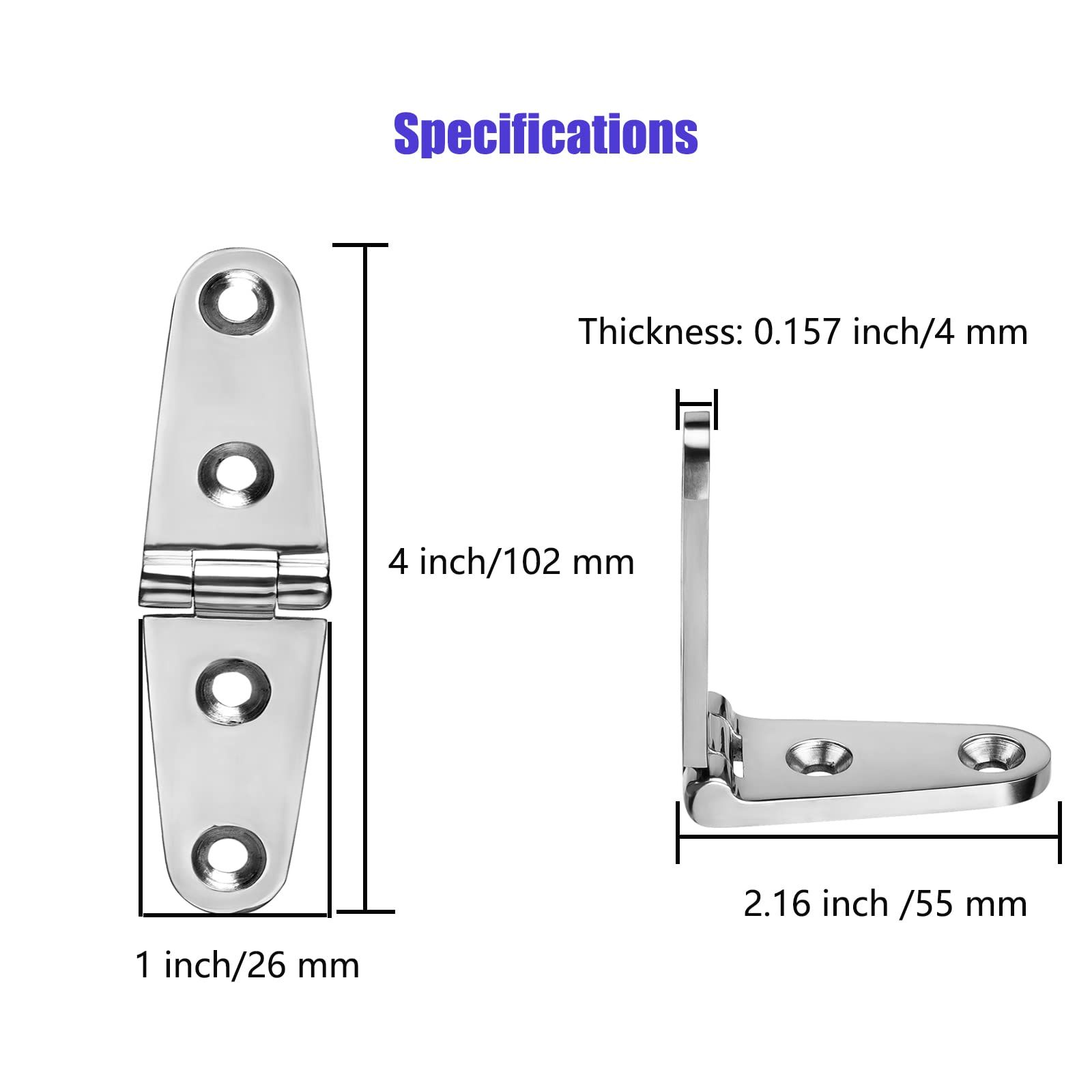 Boat Strap Hinges, Marine Hinges, 4 inch x 1 inch (102mm X 26 mm), Stainless Steel Hinges, Metal Hinges, with Screws (4 PCS) — image 2