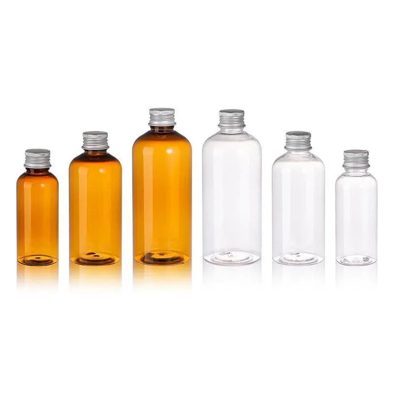 20pcs Brown Transparent Cosmetic Bottles with Aluminum Lids for Packaging - Transparent-200ml — image 3