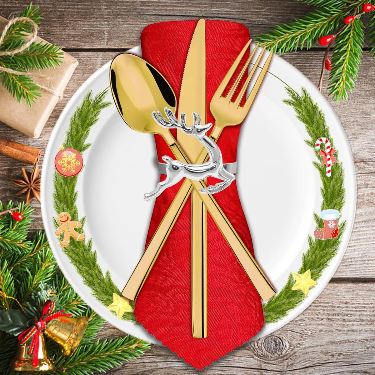 Napkin Rings for Christmas - 12 Pieces - Moose & Snowflakes - Silver Napkin Ring - Napkin Rings Table Decoration - Napkin Rings for Christmas, Thanksgiving — image 3