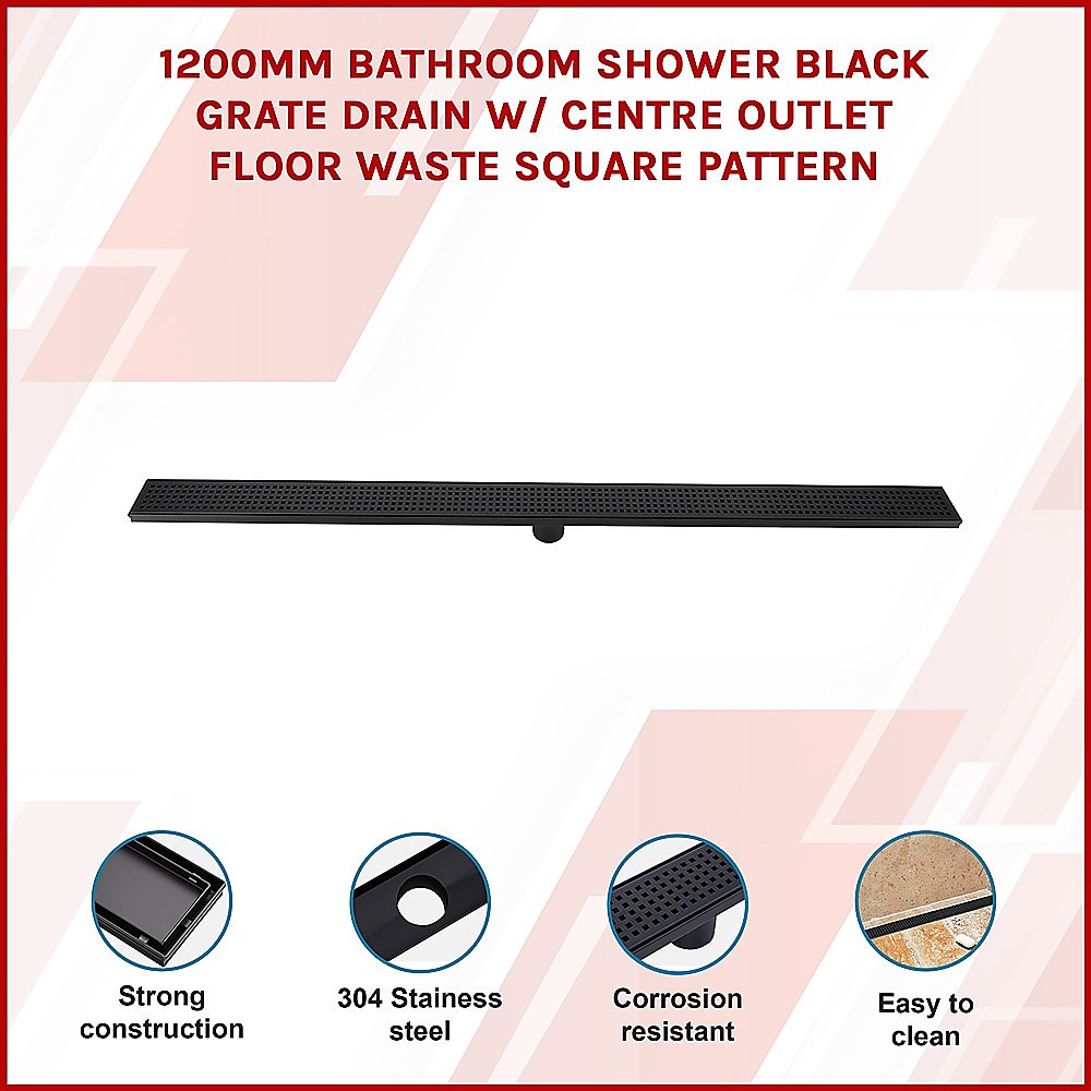 1200mm Bathroom Shower Black Grate Drain w/Centre outlet Floor Waste Square Pattern โ image 3