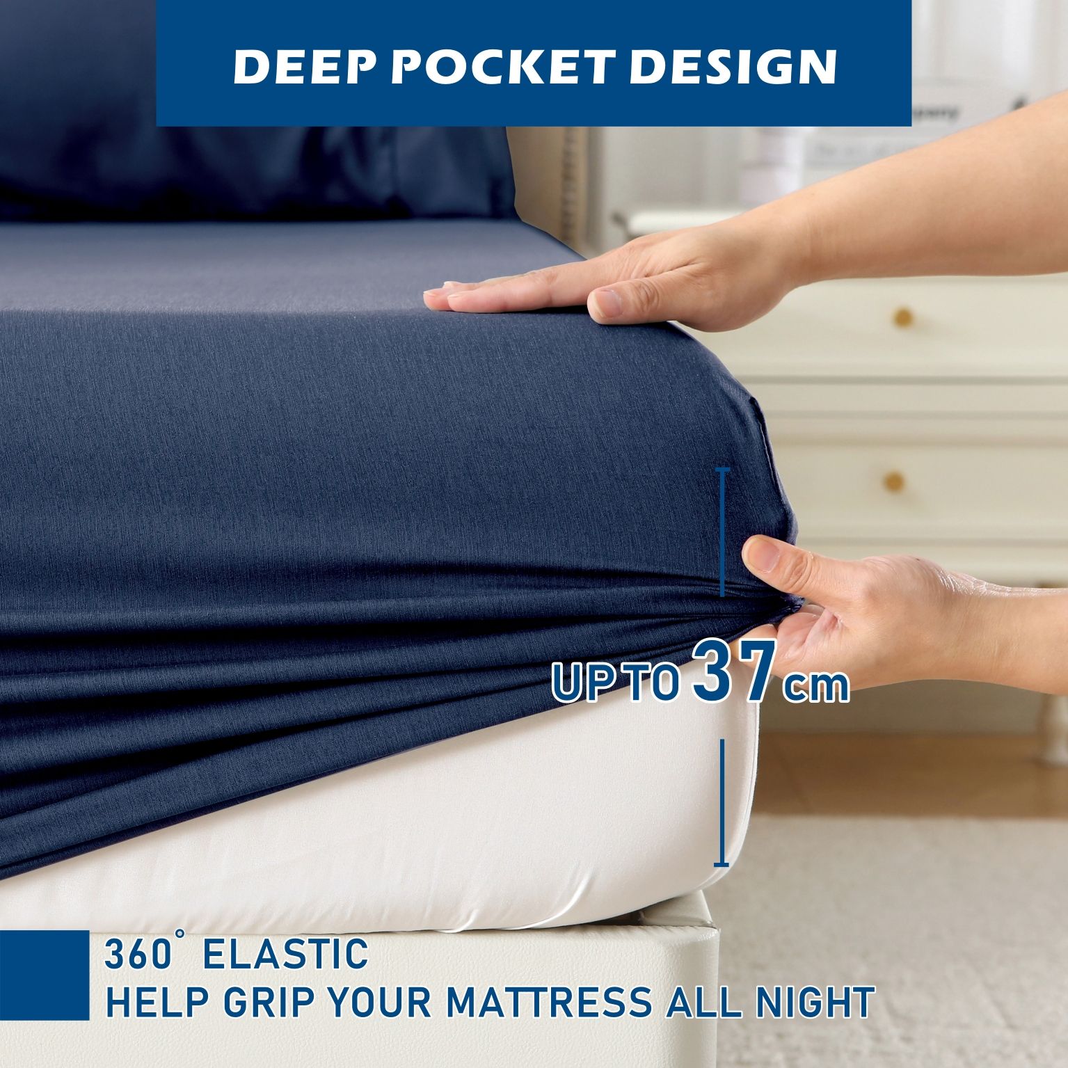 3 Piece Hotel Bamboo Cooling Sheet Set -Ultra Soft 2000TC Breathable Bed Sheets Set with 37 Centimetre Deep Pocket-Cooling Sheets for Hot Sleepers(Navy,King — image 4