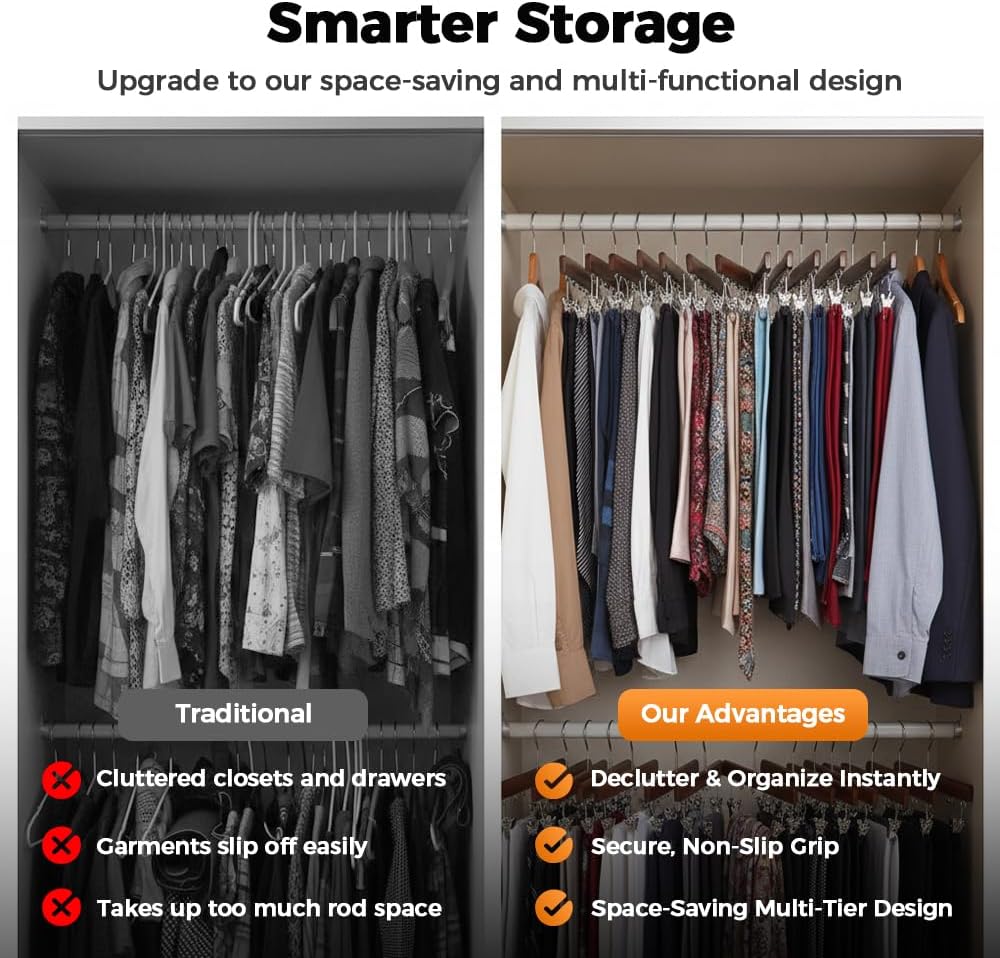 2 Pack Legging Hanger for Closet, with 10 Non Slip Clips Each, Wooden Clothes Hanger for Home Use, Space Saving Hanger for Family (Wood) — image 3
