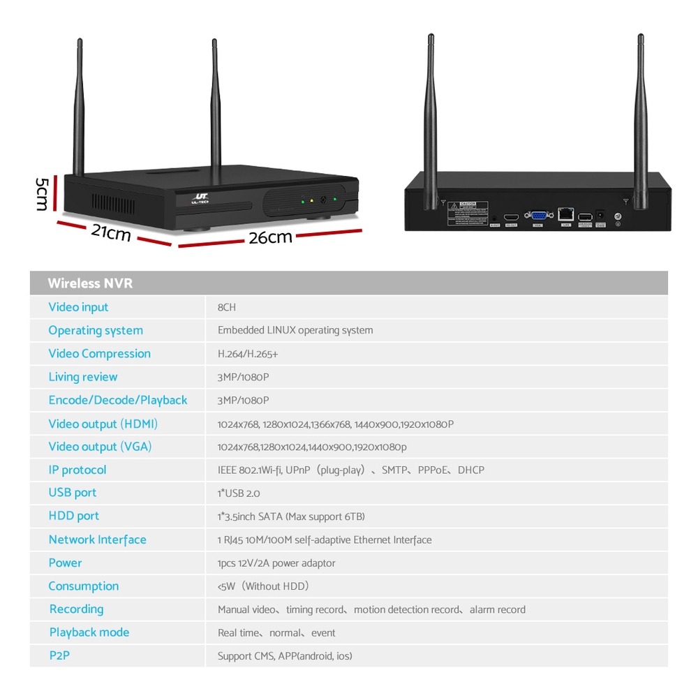 UL-tech Wireless CCTV Security System 8CH NVR 3MP 4 Square Cameras — image 6