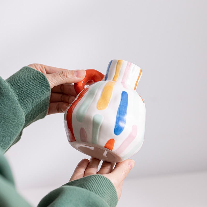 Colorful Artistic Hand-Painted Ceramic Vase - Dual Handle Pot Style - Colourful Striped Home Decor Accent โ image 4
