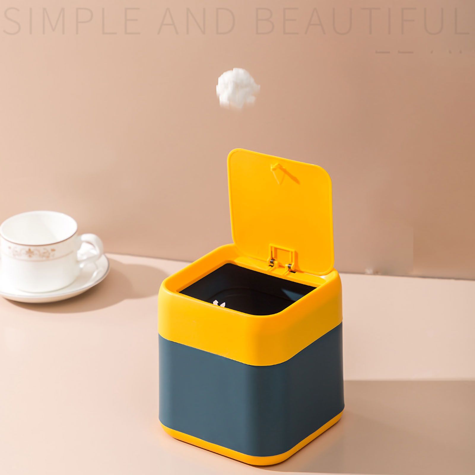Desktop Trash Can Cute Drop Resistant Portable Tiny Desktop Garbage Bin with Detachable Lid for Car and Home Flip [Yellow Navy] — image 3