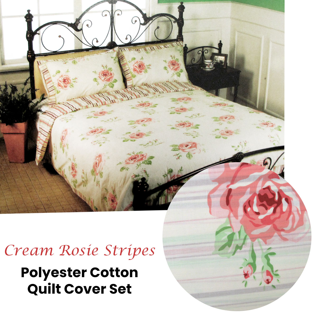 Cream Rosie Stripes Polyester Cotton Quilt Cover Set Queen — image 2