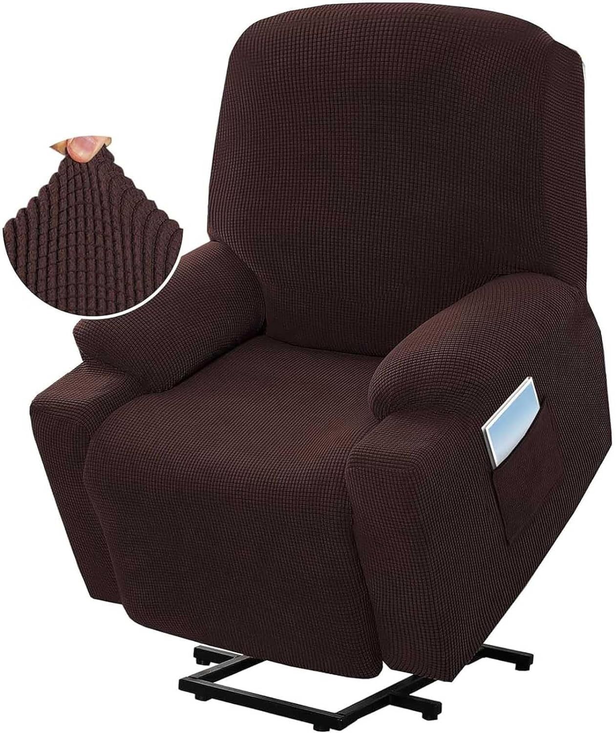 Recliner Slipcover High Stretch Soft Jacquard Fabric with Side Pocket for Standard Power Lift Recliner Brown, Letter A Option