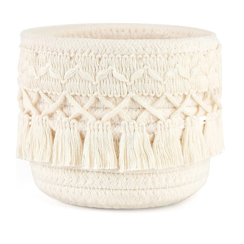 Beige Boho Cotton Rope Tassel Storage Baskets – Set of 2 Round Woven Organizers for Makeup Brushes & Desktop Essentials (12cm Diameter) — image 2