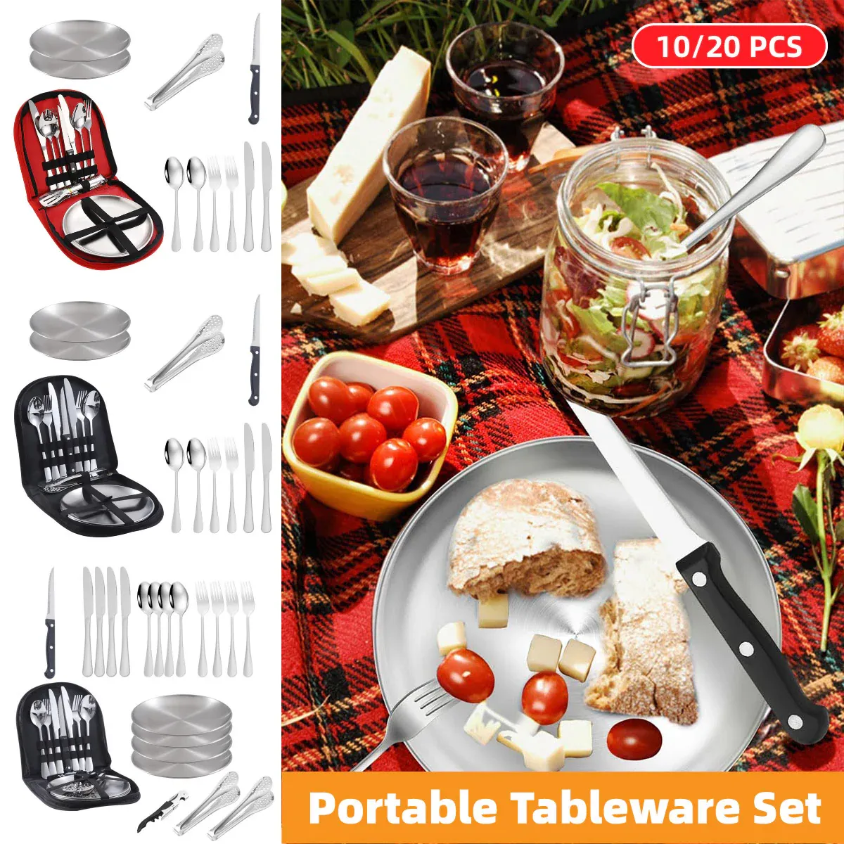 10/20PCS Camping Cutlery Set Outdoor Picnic Utensils Plates Spoons Forks Knives - Red-2 People — image 2