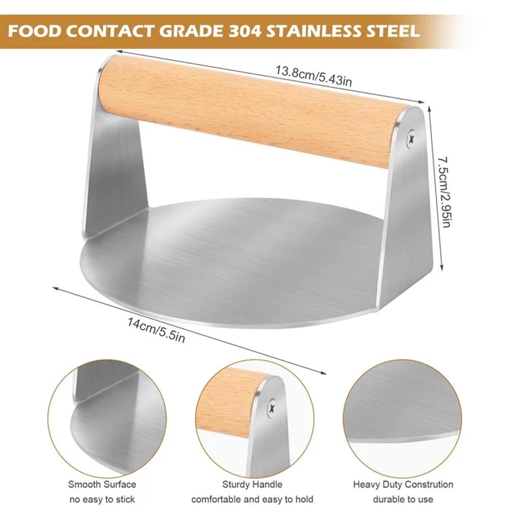 Stainless Steel Burger Press 5.5 Inch Round Burger Smasher, Hamburger Press Patty Maker with Wood Handle, Easy to Clean — image 5