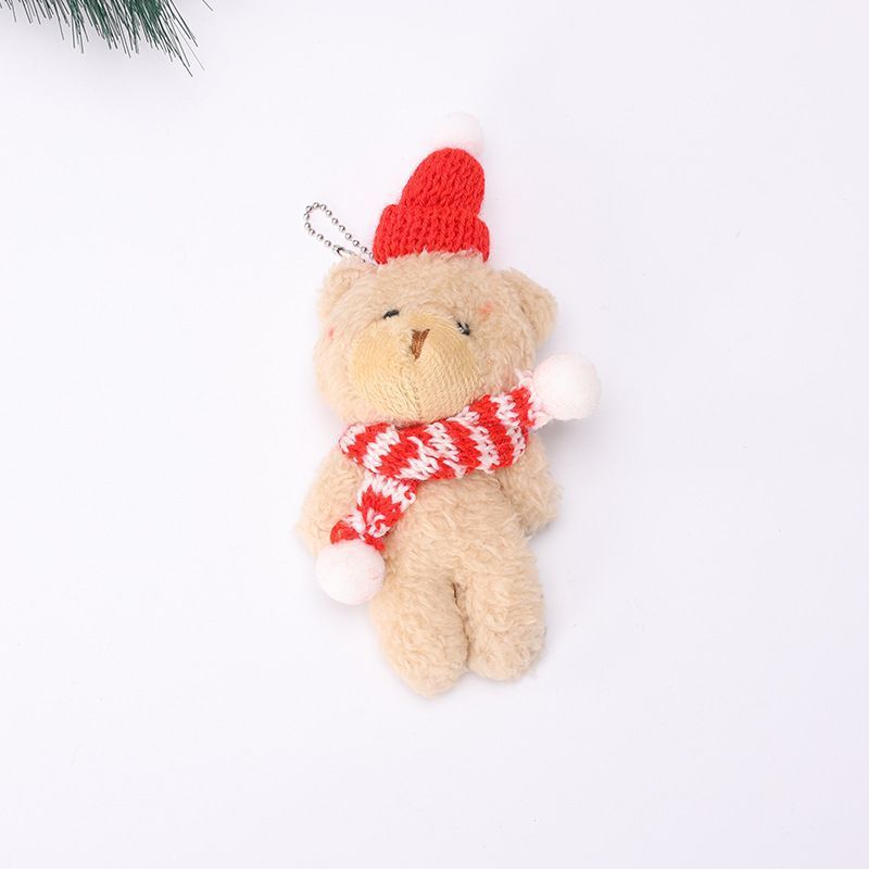 Christmas Brown Curly Bear Desktop Ornament Style B with Red & White Scarf, Festive Mini Statue for Home Xmas Arrangement and Corporate Holiday