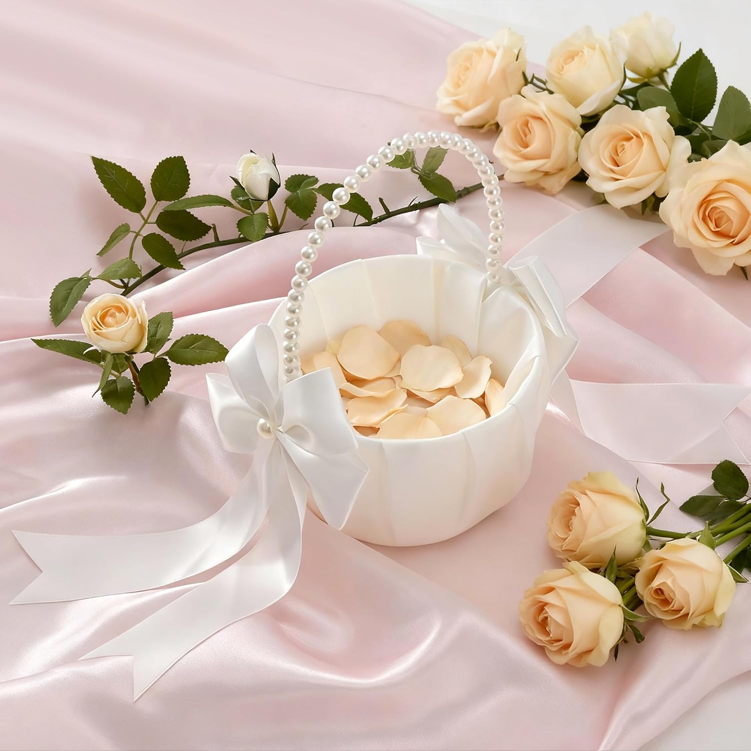Wedding Flower Girl Basket - Elegant Pearl Handle with Bow Decoration, Ivory Color - 5.1" Diameter, Perfect for Flower Girls, Weddings, and Parties — image 3