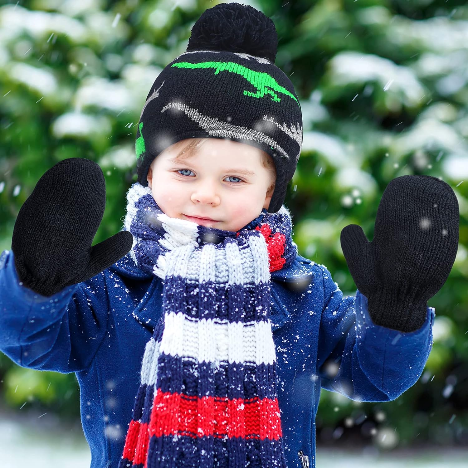 4 PCS Baby Boy Toddler Dinosaur Hat and Glove Set Boys Winter Hat Beanie Kids Gloves Winter Earflap Beanie Fleece Skiing Caps with Warm Ear Flap (Grey, Navy โ image 6