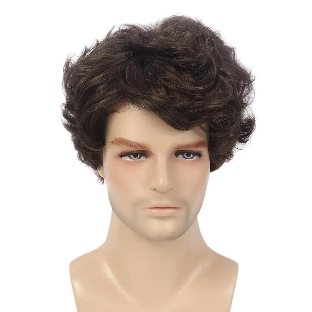 Short Black Men's Wig with Curly and Fluffy Wigs, Natural Synthetic Wigs for Men, Daily Party Wear for Men Brown 10 Inch — image 3