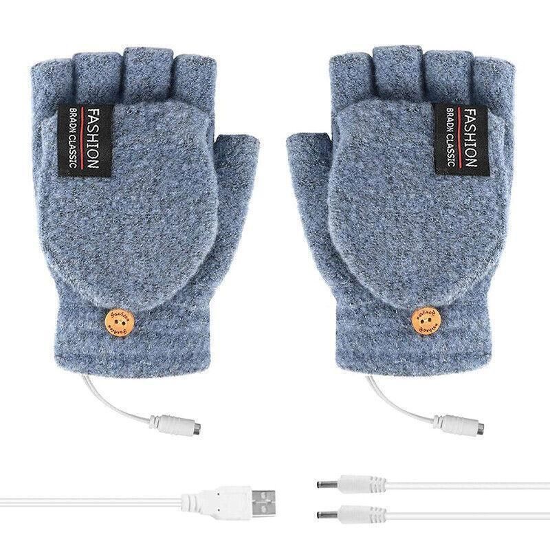 USB Heated Half Finger Gloves Winter Warm Knitted Gloves for Typing and Office Use - Blue