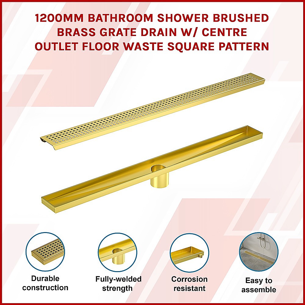 1200mm Bathroom Shower Brushed Brass Grate Drain w/ Centre outlet Floor Waste Square Pattern — image 3