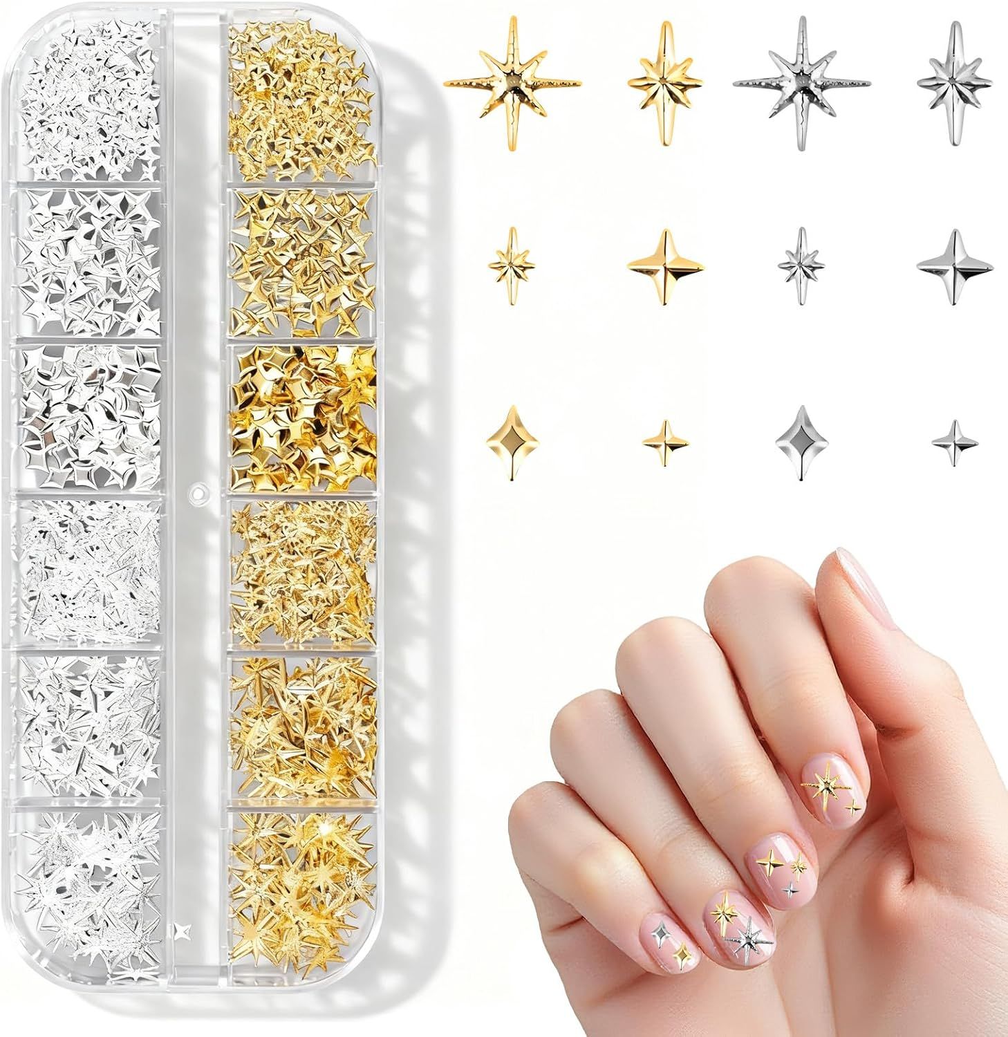2500 Pack Gold and Silver 3D Star Nail Charms, Metal Nail Art Gems with Tweezers for DIY Manicures, Nail Decoration and Crafts