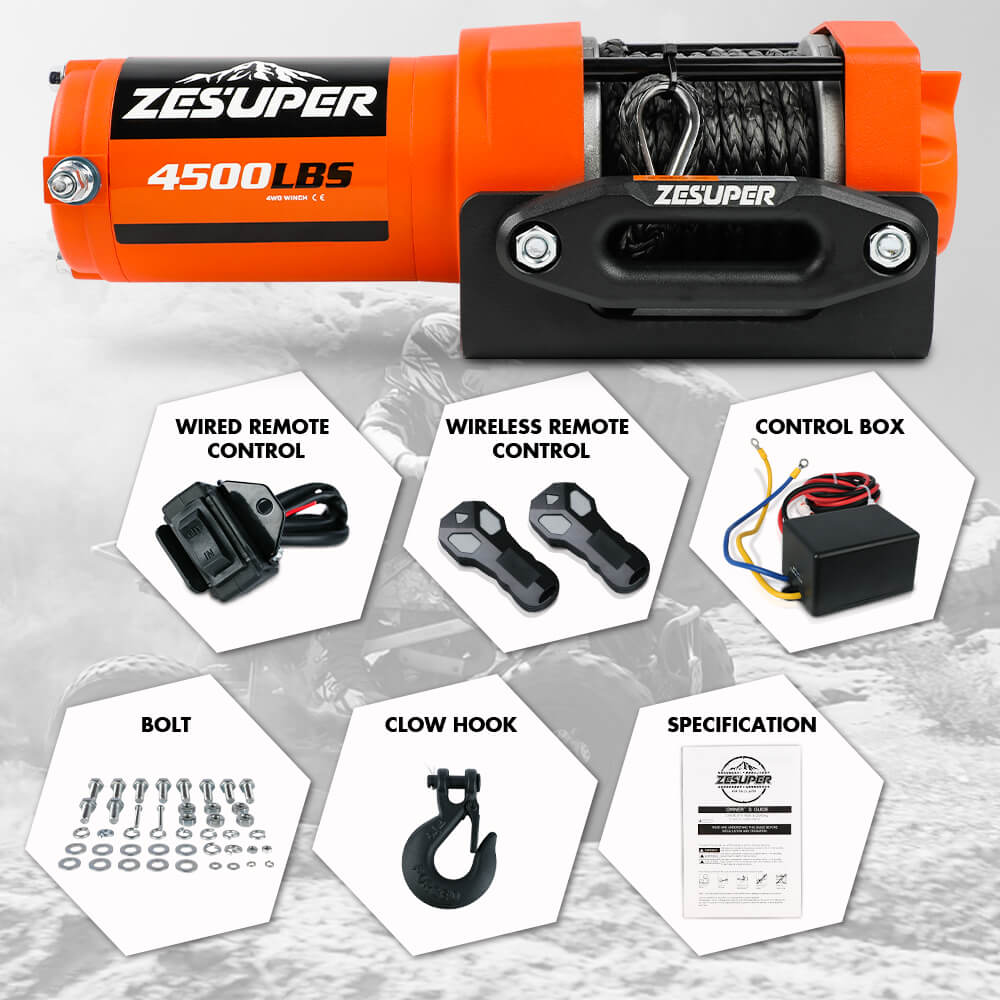 4500lb Electric Winch 12V Synthetic Rope Wireless RemoteX2 ATV Winch Kit Boat Winch UTV 4WD Orange โ image 2