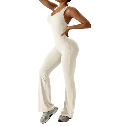 Women's Cut-out Back Flared Jumpsuit, Perfect for Yoga, Gym, Workout and Loungewear, L (beige) — image 3