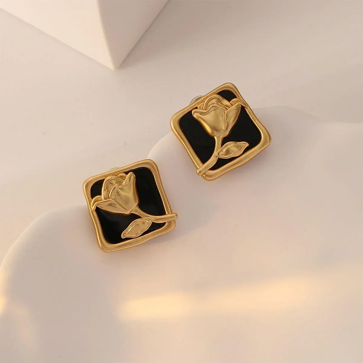 Vintage Matte Black Rose Square Stud Earrings Elegant Fashion Jewelry Women โ image 5