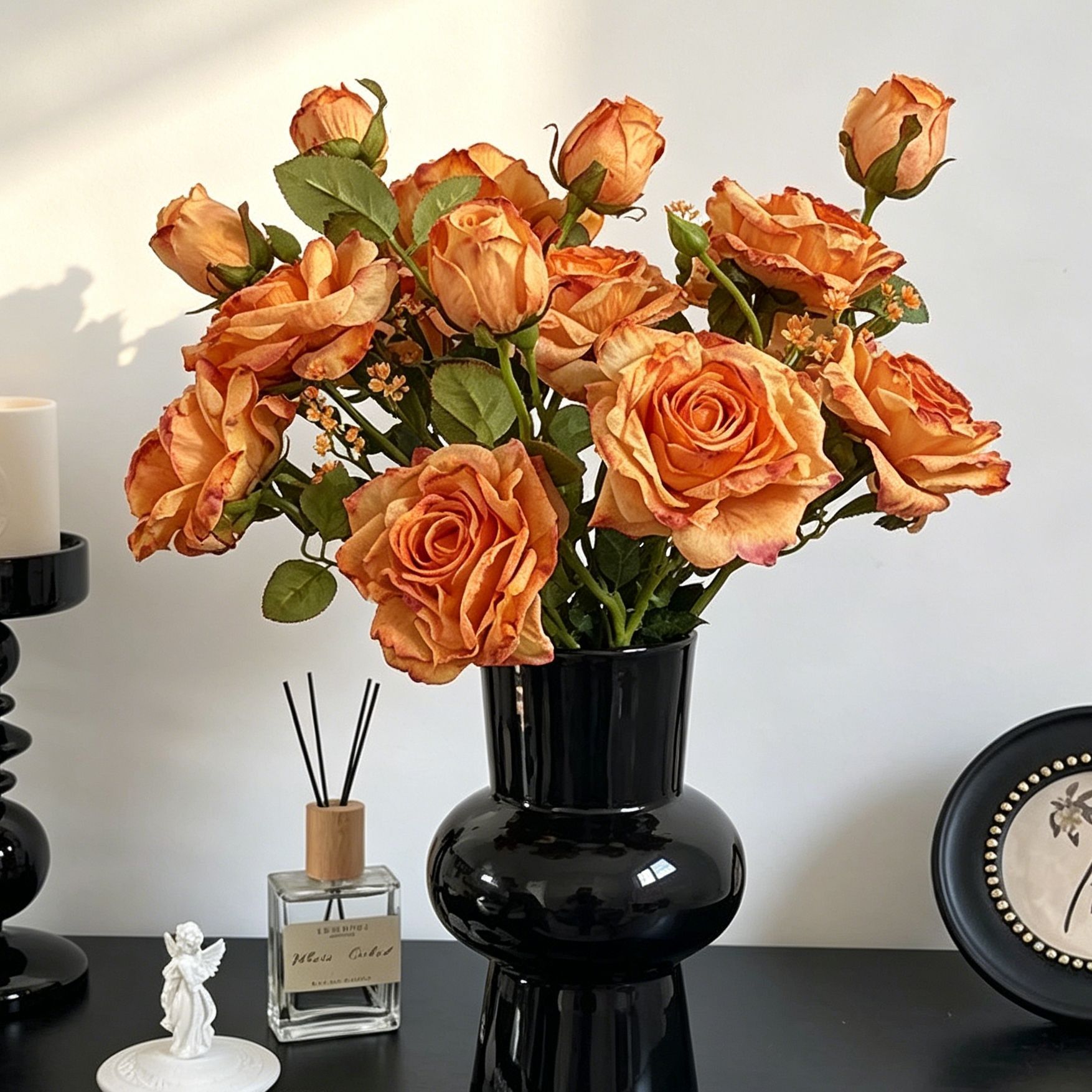 Vintage Burnt Edge Artificial Rose, Orange Warm Decor, 5 Pack — image 4