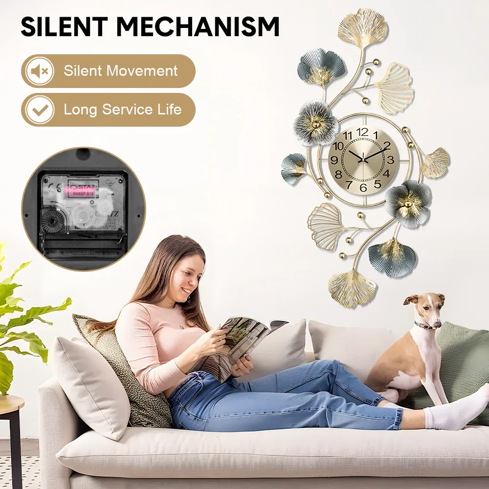 Large Wall Clock 22cm Metal Silent Non Ticking Decoration Hanging Clock Battery Operated with 3D Ginkgo Leaf Design for Living Room Bedroom Home Office โ image 3