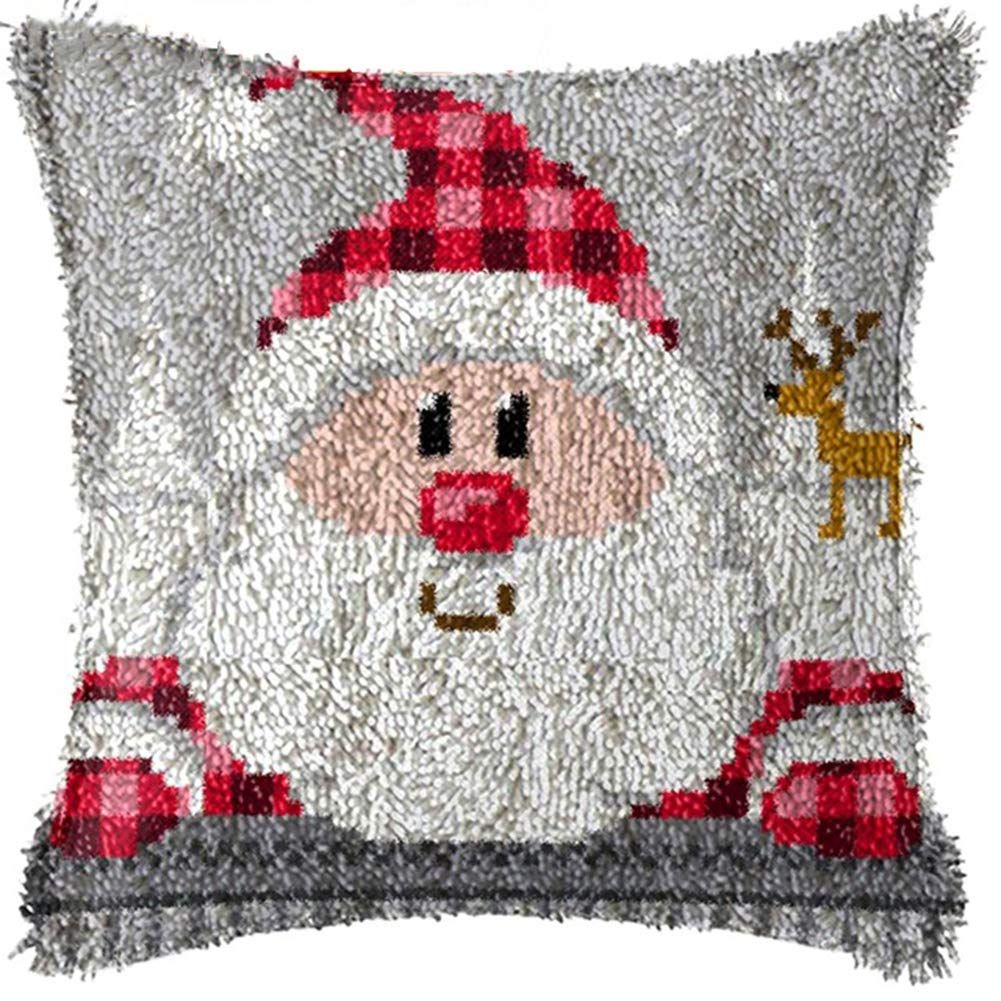 Cartoon Latch Hook Kits Pillow DIY Handmade Printed Canvas Cushion Latch Hook Kit Christmas Decor,16.9 × 16.9 ''