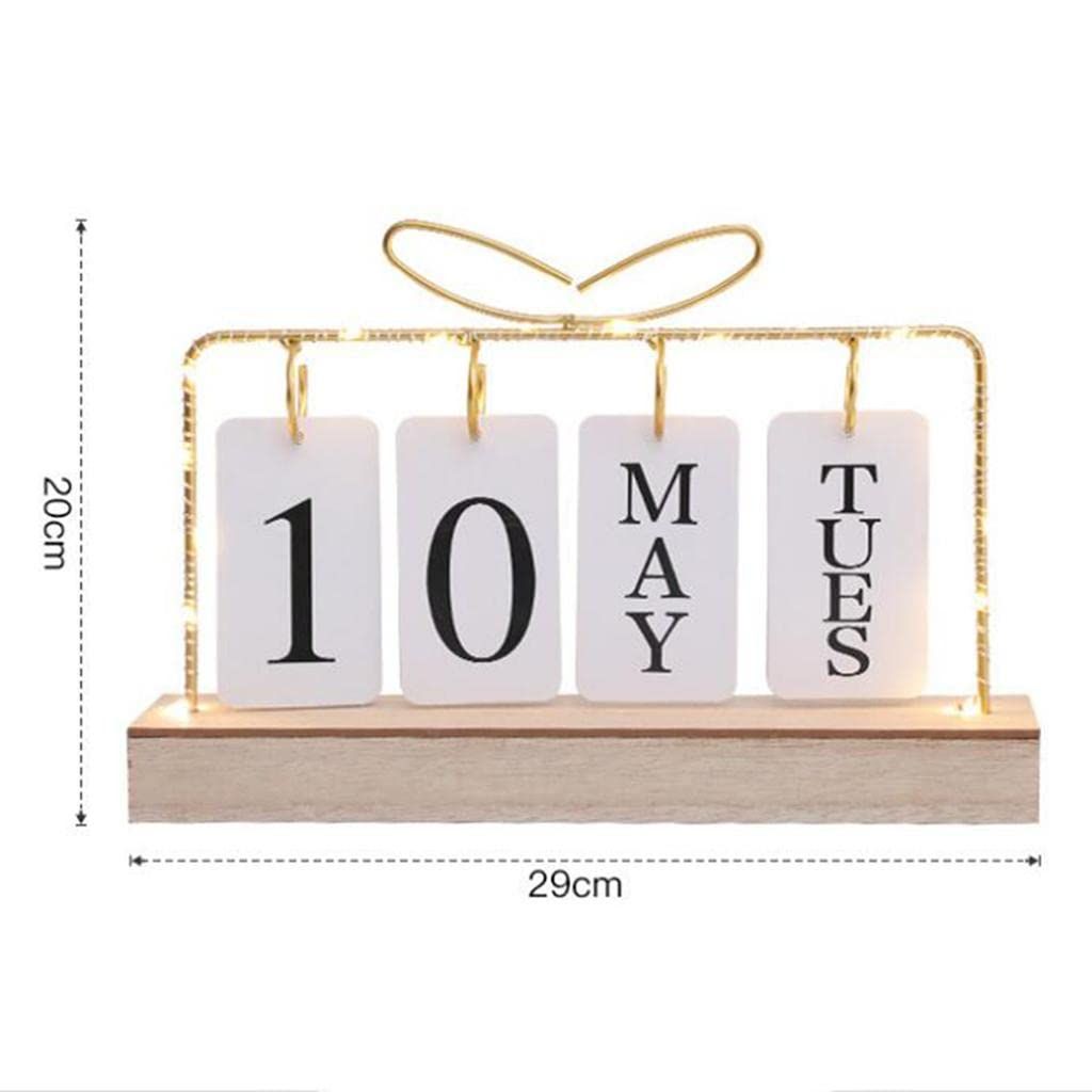 Generic Flip Calendar Month, Date and Day Nordic Wooden Base Metal Frame Delicate Reusable with Light Perpetual for Decor โ image 2