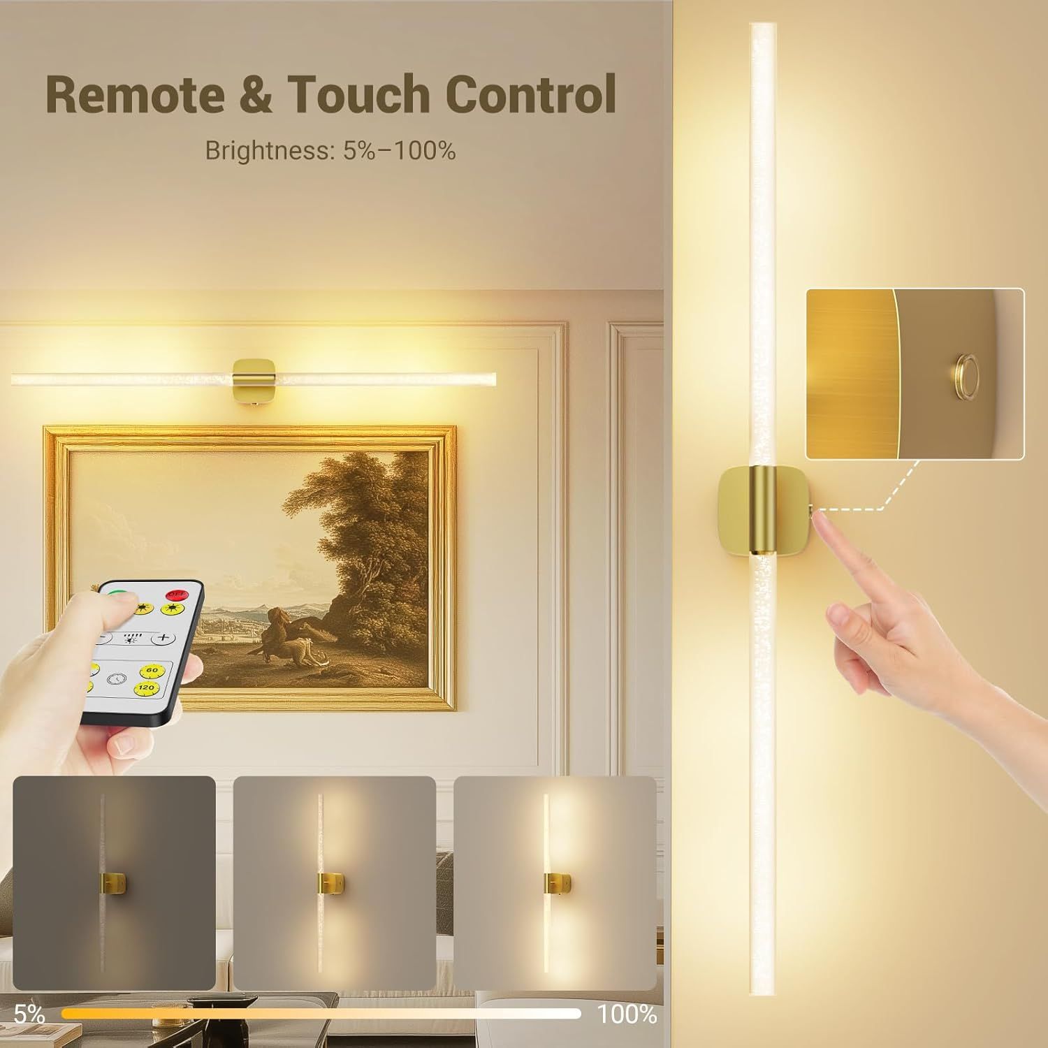Gold Battery Operated Wall Sconce Set of 2, Rechargeable Wireless Wall Lights with Remote and Touch, 360° Rotatable Sconces Wall Decor for Bedroom Living Room — image 4