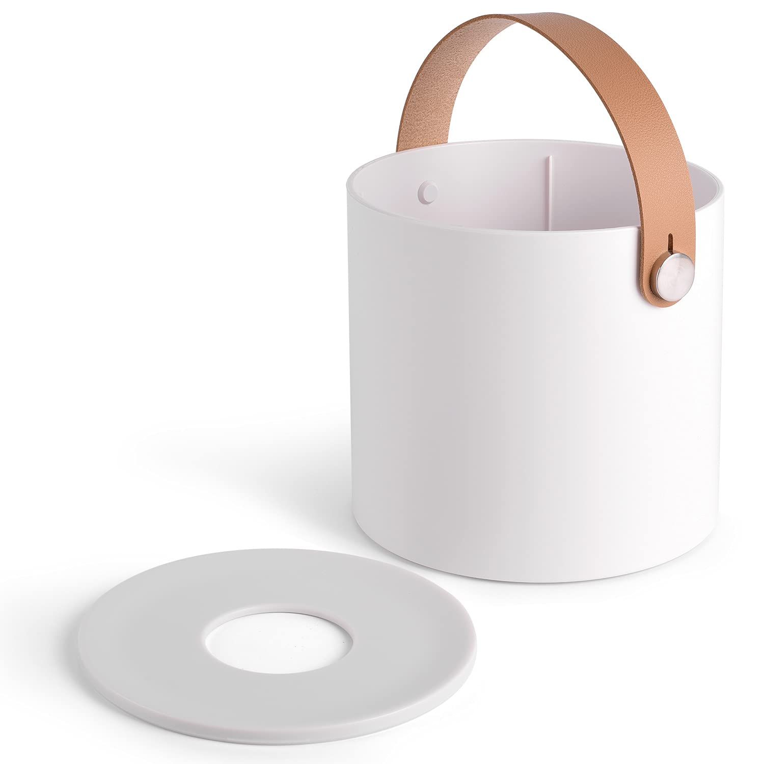 Modern Round Tissue Dispenser Holder Plastic Box Cover Napkin Organizer with leather handles for bathroom vanity tops โ image 3