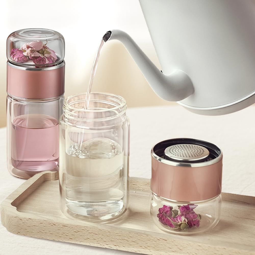 Double Wall Glass Tea Infuser Bottle Tumbler - 12oz/350ml Leakproof Travel Mug with Stainless Steel Filter for Loose Leaf Tea & Fruit Water, Hot or Cold Ready — image 2
