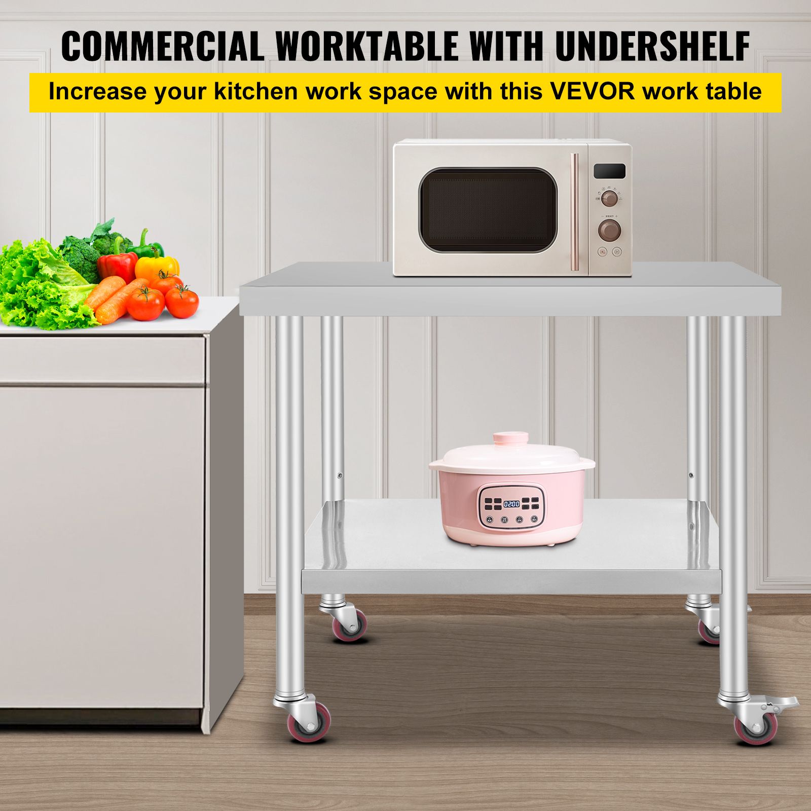 30 × 36 × 34 Inch Stainless Steel Work Table 3-Stage Adjustable Shelf with 4 Wheels Heavy Duty Commercial Food Prep Worktable with Brake for Kitchen Prep Work — image 2