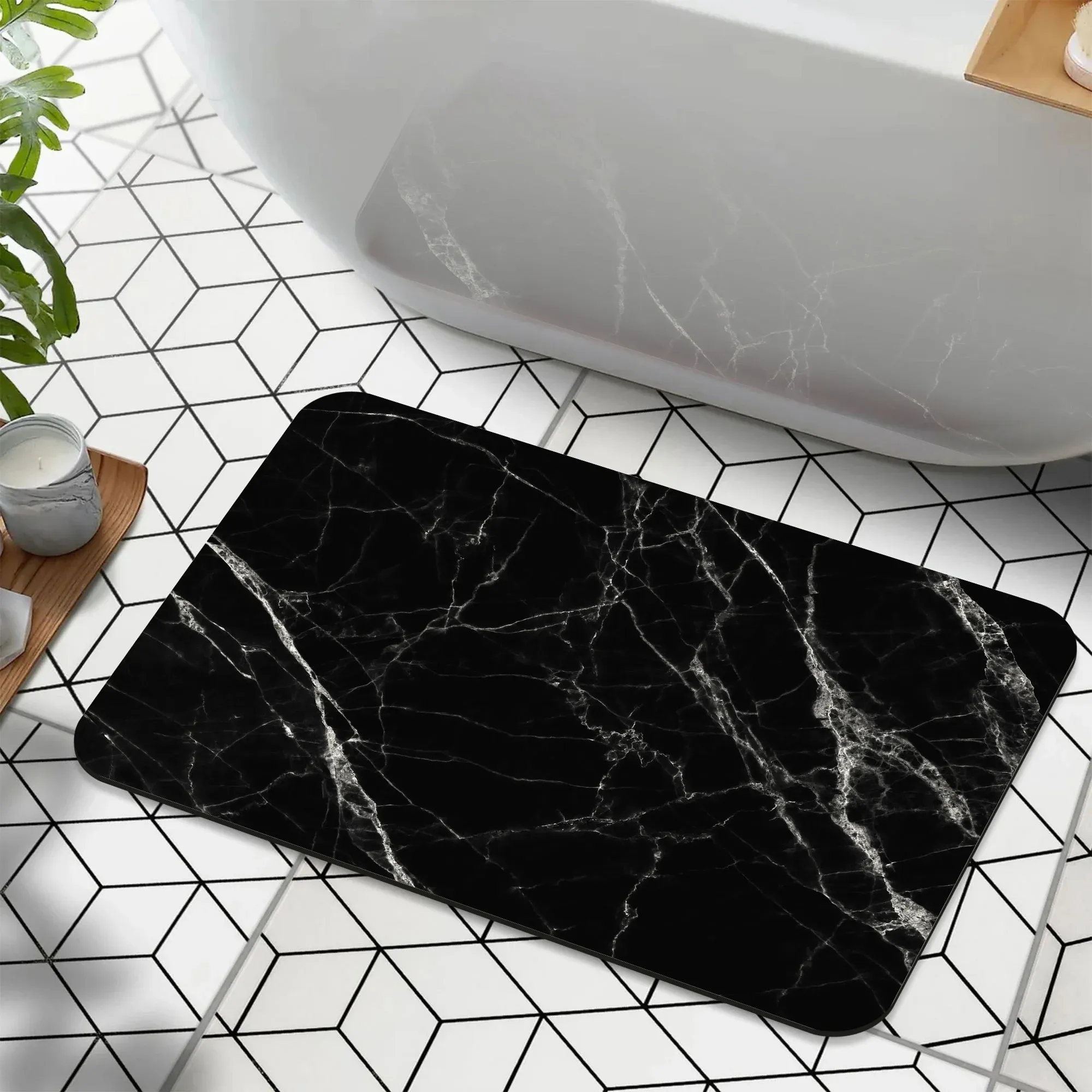 1 Piece Marble Texture Bathroom Rug, Non-Slip Quick Dry Bath Mat for Tub, Shower, Floor and Indoor Outdoor Use, Black — image 6