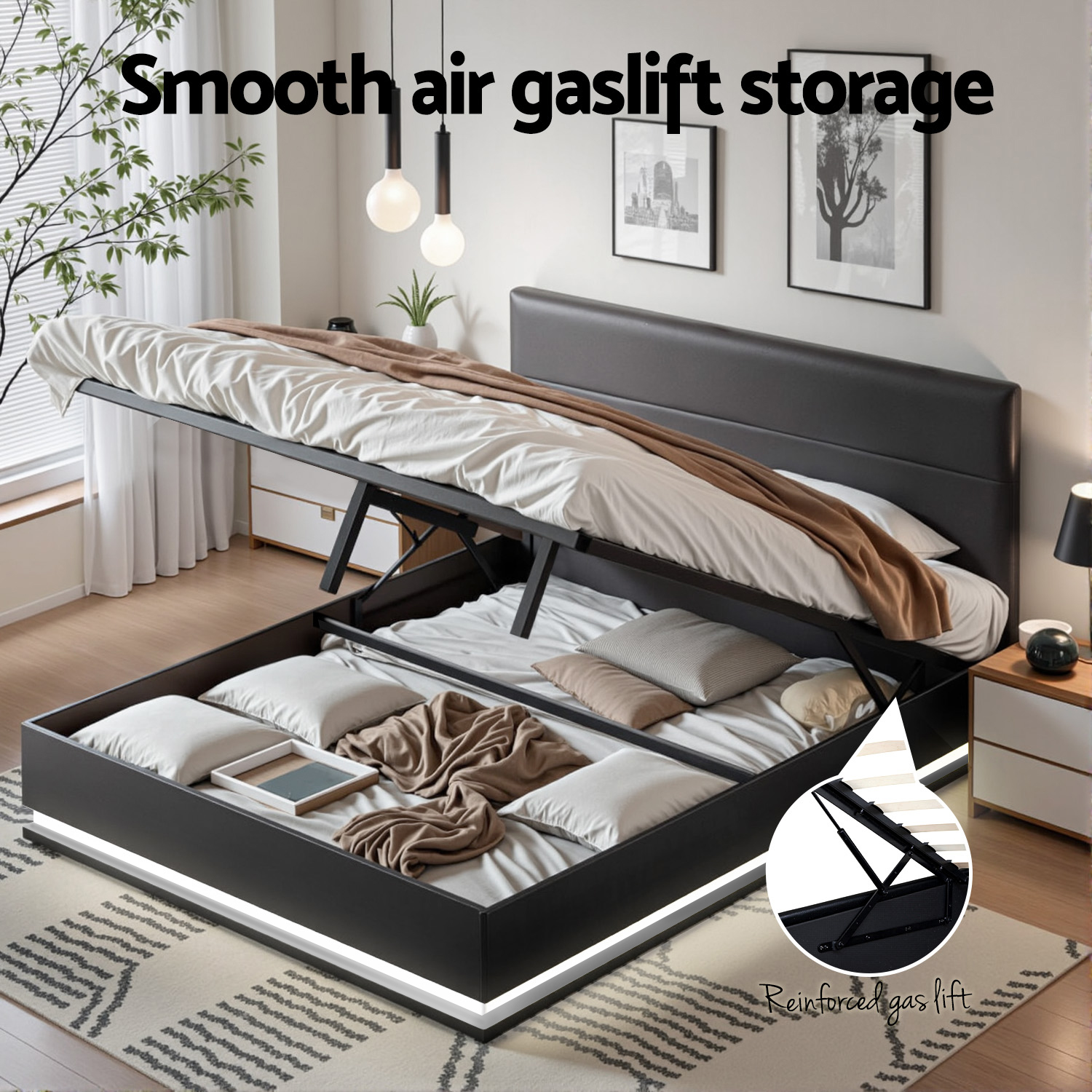 Artiss Bed Frame Queen Size LED Gas Lift Black LUMI โ image 4