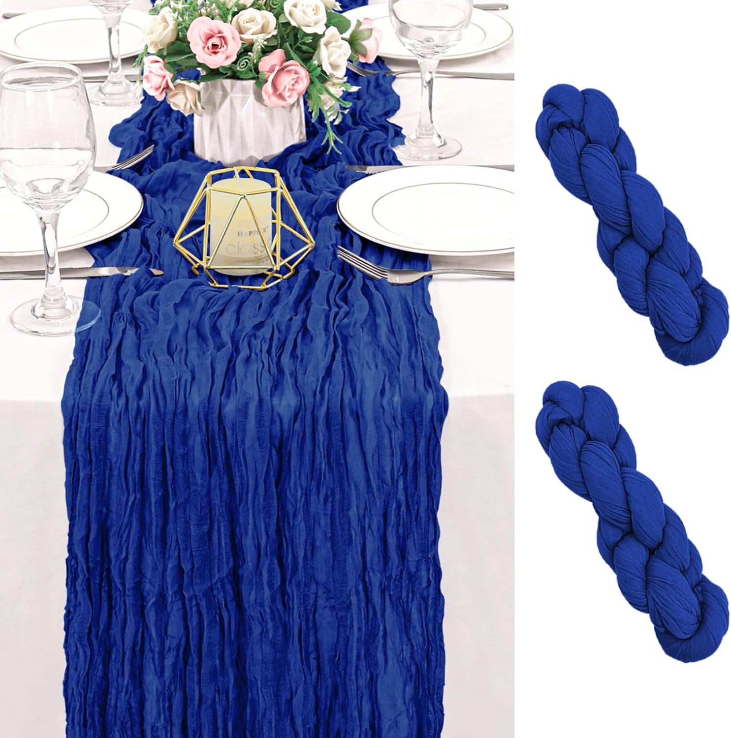 2 Pack 120 Inch Royal Blue Cheesecloth Table Runner Boho Rustic Gauze Sheer Romantic 10 FT Long Cheese Cloth Table Runner for Bridal Baby Shower Wedding Party