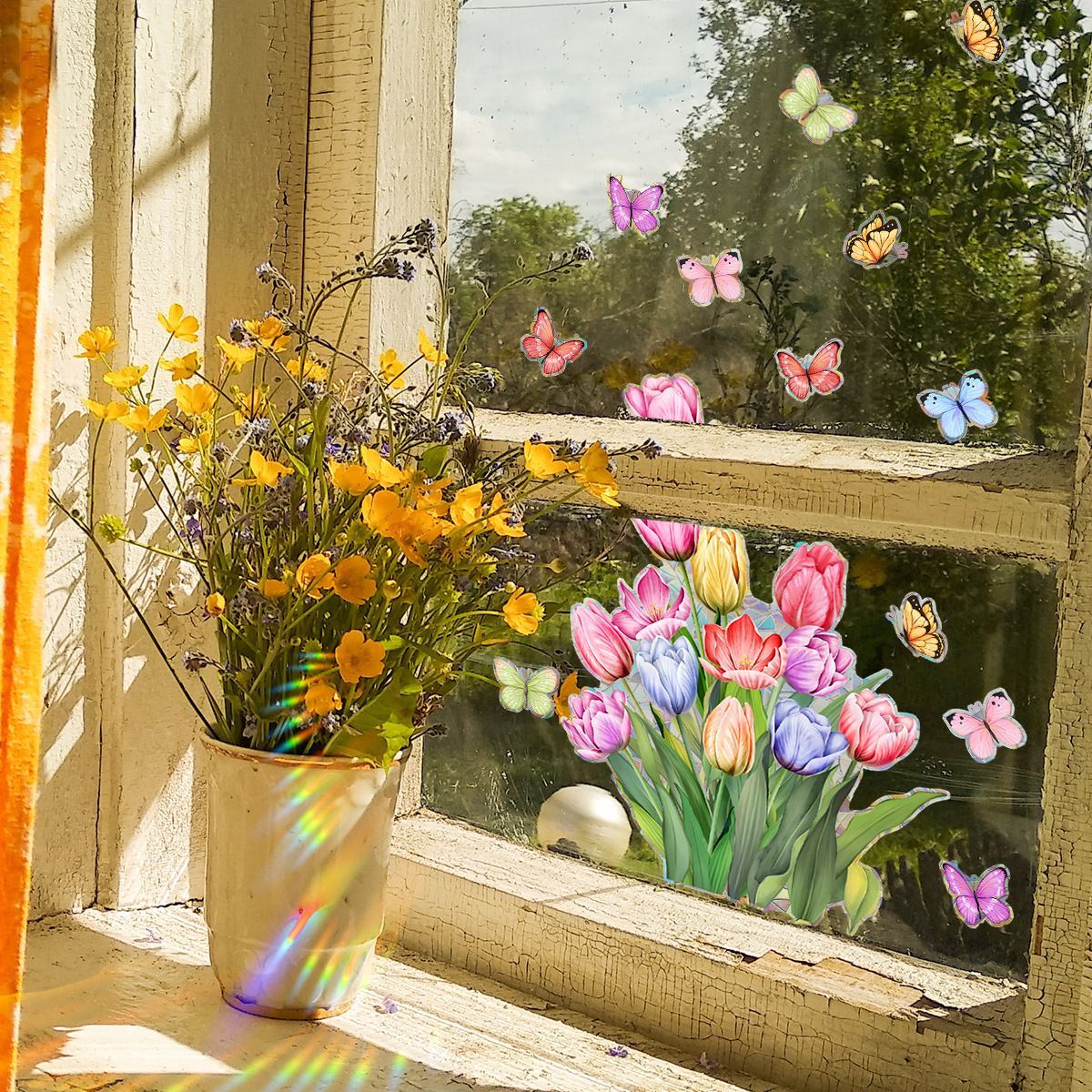 Spring Summer Window Cling Sticker, Tulip Butterfly Flower Window Decal for Home Party Supplies Shop Window Glass Display — image 3